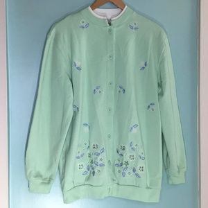 Baxter & Wells Button-Up Sweatshirt Cardigan Size M Green Floral Embroidering